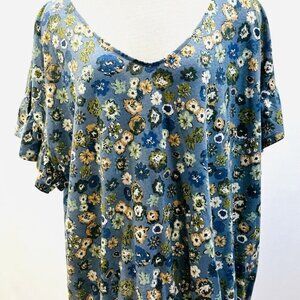 NWT SONOMA Women Short Sleeve Pull Over Elastic Waist Floral Blue Shirt Size 3X
